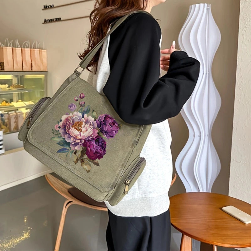 Purple Blooms Print Canvas Shoulder Bag Crossbody Messenger Bag