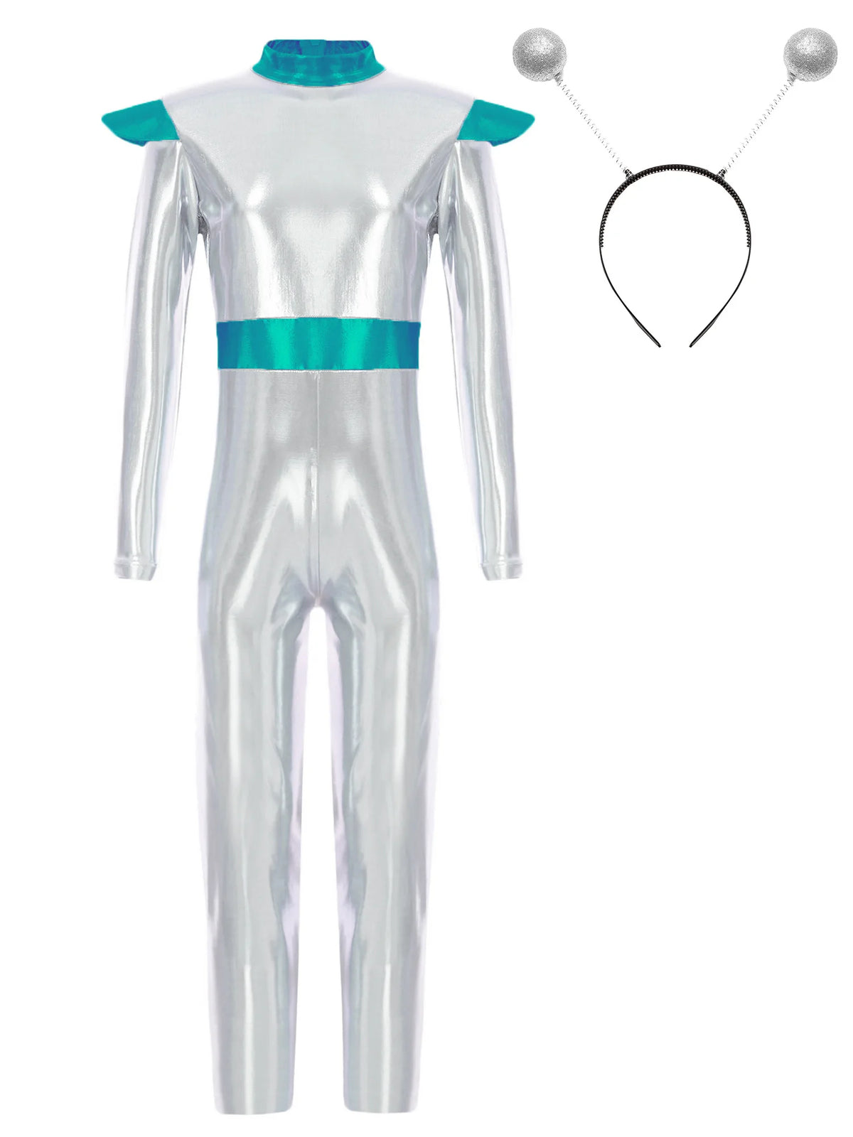 Girls Boys Alien Costume Shiny Metallic Full Body Suit Space Astronaut Robot Halloween Dress Up