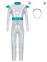 Girls Boys Alien Costume Shiny Metallic Full Body Suit Space Astronaut Robot Halloween Dress Up