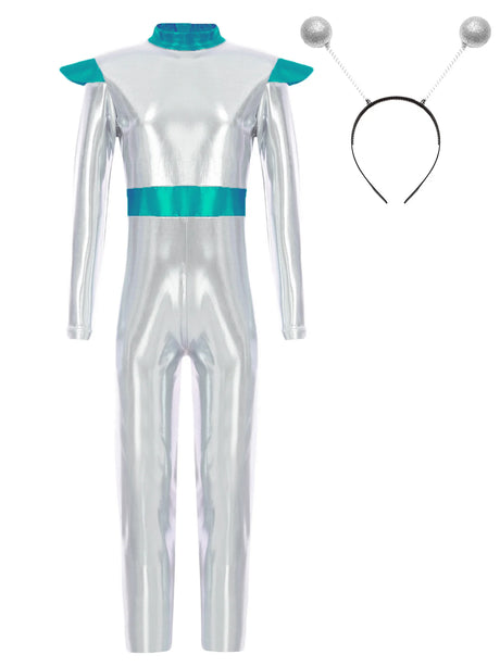 Girls Boys Alien Costume Shiny Metallic Full Body Suit Space Astronaut Robot Halloween Dress Up