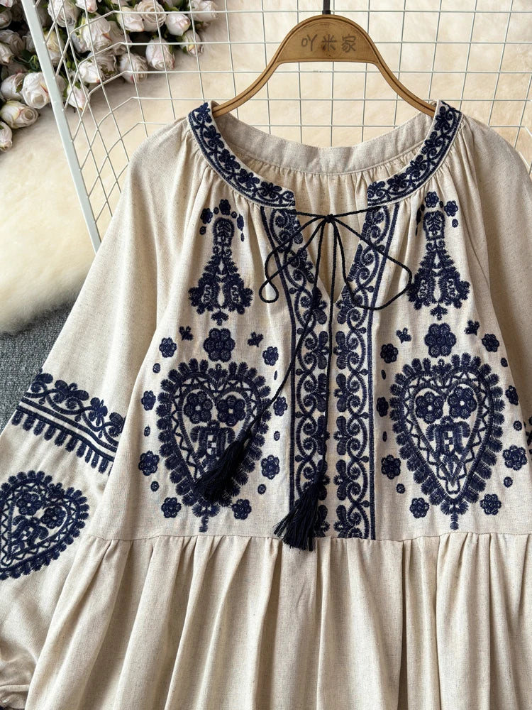 Georgia's Embroidered Boho Cotton Linen Long Sleeves Mini Dress