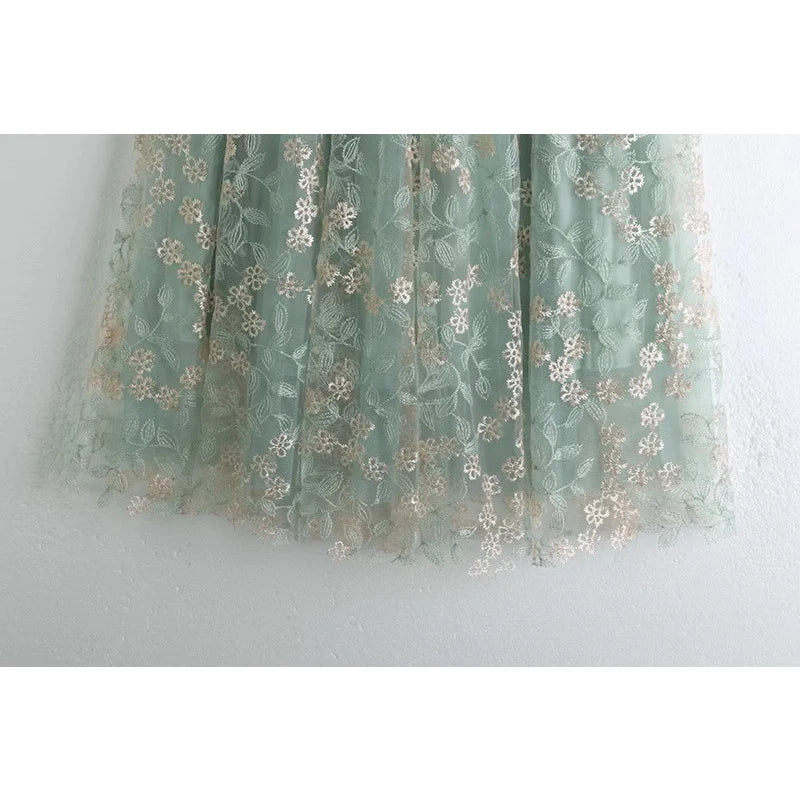 Primrose's Floral Tulle Skirt Embroidered Lace High Waist Midi Skirt