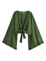 Boho Star Moon Embroidered Short Kimono Wrap Top Ruffled Flare Sleeves Cover-ups