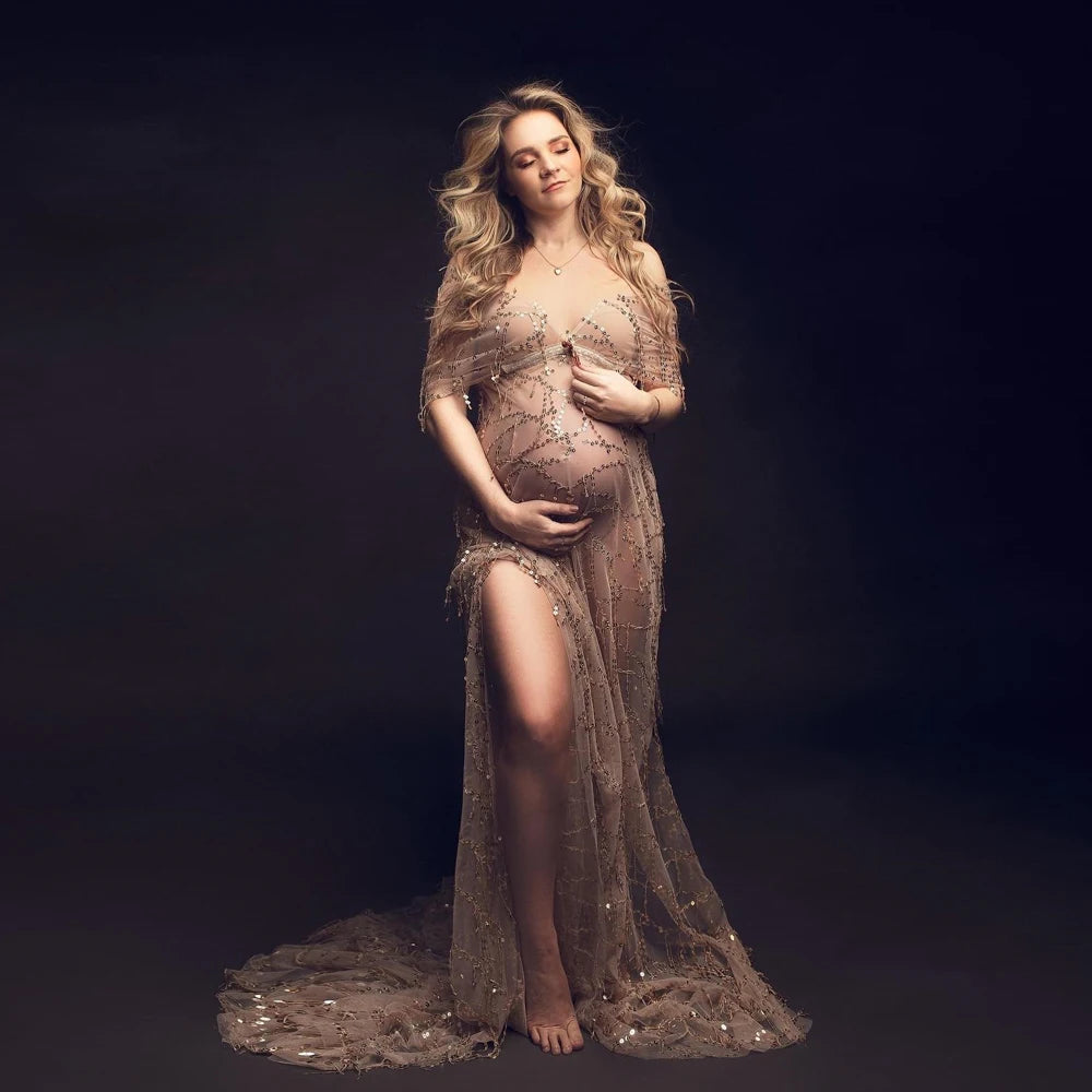Champagne Gatsby Tulle Maternity Gown Photoshoot Dress