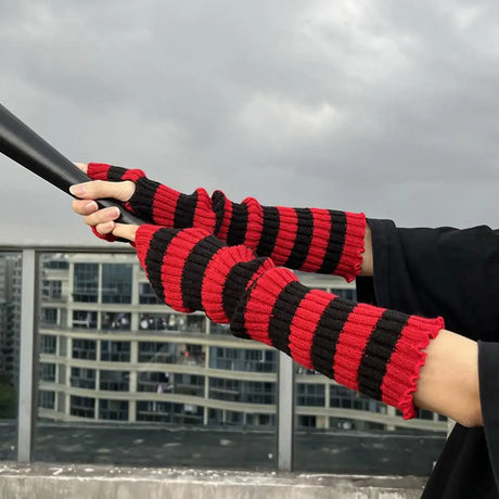 Stretch Knit Red-black Striped Goblincore Arm Warmers with Thumbhole