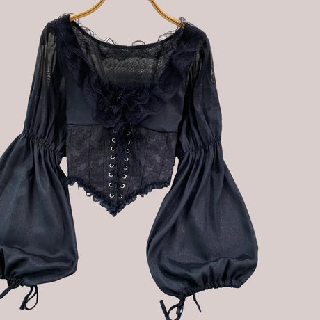French Court Blouse Chiffon Lace Lace-up Top