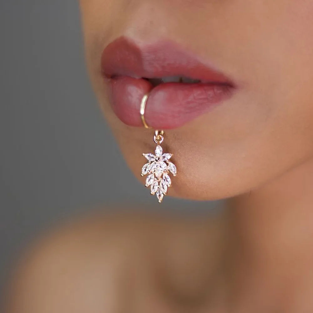 Leaf Charm Lip Ring Zircon Non Piercing Face Jewellery Labret Cuff