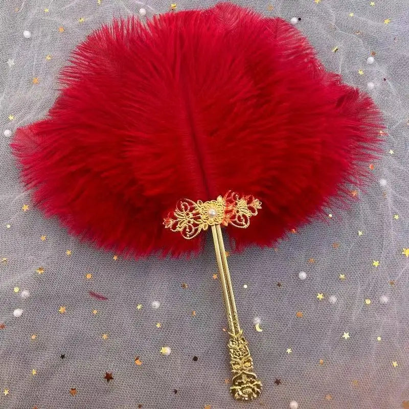 Ostrich Feather Fan Round Fan with Golden Hollow Handle Court Dance Hand Fans