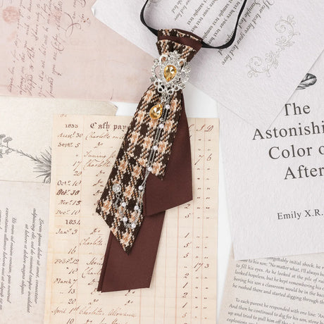 Dark Academia Jabot Plaid Short Necktie Rhinestone Brooch Pearl Chain