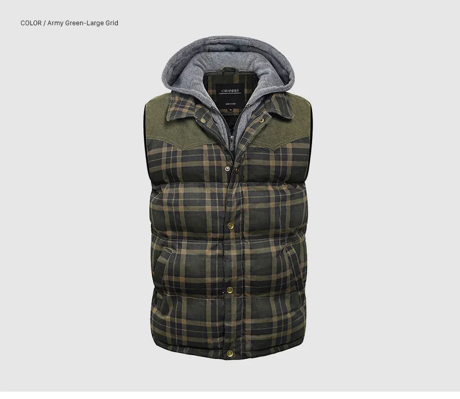 Woodsman Cotton Plaid Hooded Puffer Vest Jacket Thick Warm Winter Plaid Sleeveless Coat
