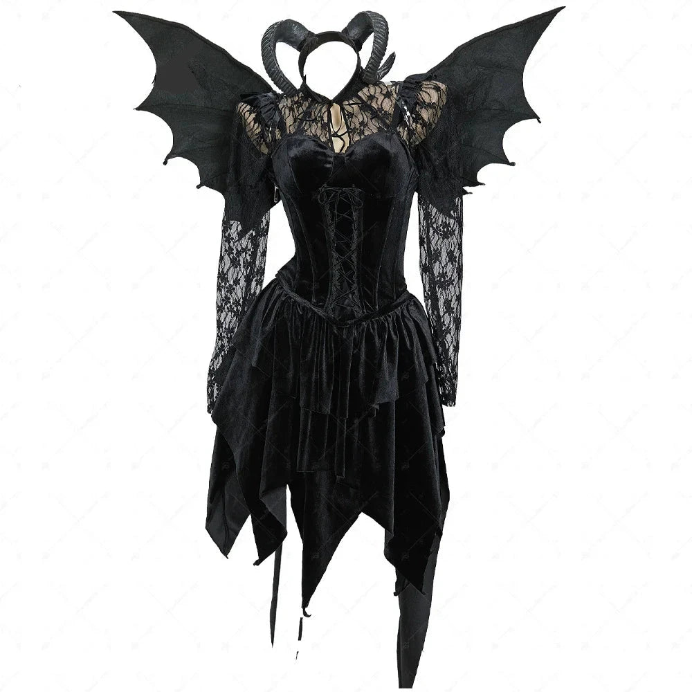 Gothic Black Devil Costume Set Lace Top Adjustable Corset with Irregular Skirt and Bat Wings for Halloween