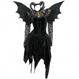 Gothic Black Devil Costume Set Lace Top Adjustable Corset with Irregular Skirt and Bat Wings for Halloween