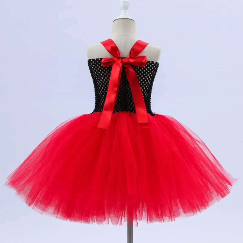Girls Queen of Hearts Costume Kids Halloween Dress Up Tutu Dress with Crown Wonderland Red Queen