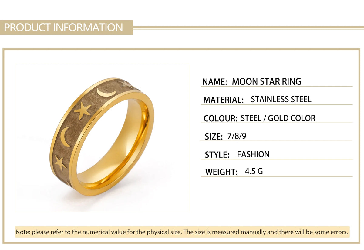 Boho Moon Star Ring Matte Gold Colour Stainless Steel Band Rings