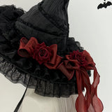 Gothic Witch's Hat Black Ruffled Lace Rose Bow Ribbon Halloween Party Cosplay Costume Props Decor