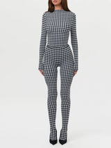 Women's Houndstooth Print High Neck Long Sleeved Top High Waist Slim Fit Jumpsuit Mid Century