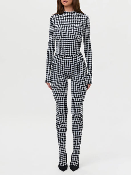 Women's Houndstooth Print High Neck Long Sleeved Top High Waist Slim Fit Jumpsuit Mid Century