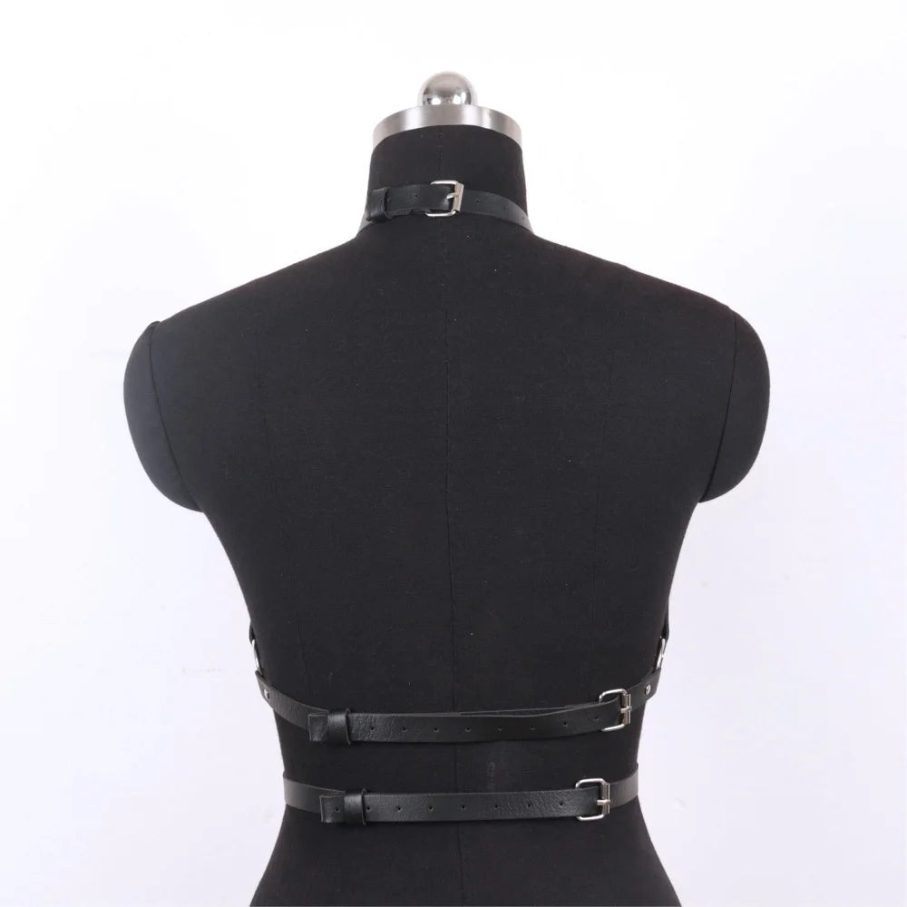 Gothic Dark Faux Leather Halter Body Harness, Adjustable Chest Strap Halloween Vampire Witch Cosplay