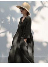 Evie's Vintage French Style Cotton Linen Dress Long Sleeveless Loose Wrap