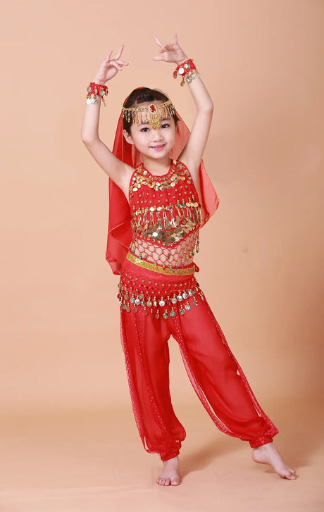 Girl's Stage Performance Chiffon Belly Dance Costume 7pcs Sets Kids Dancing Outfits