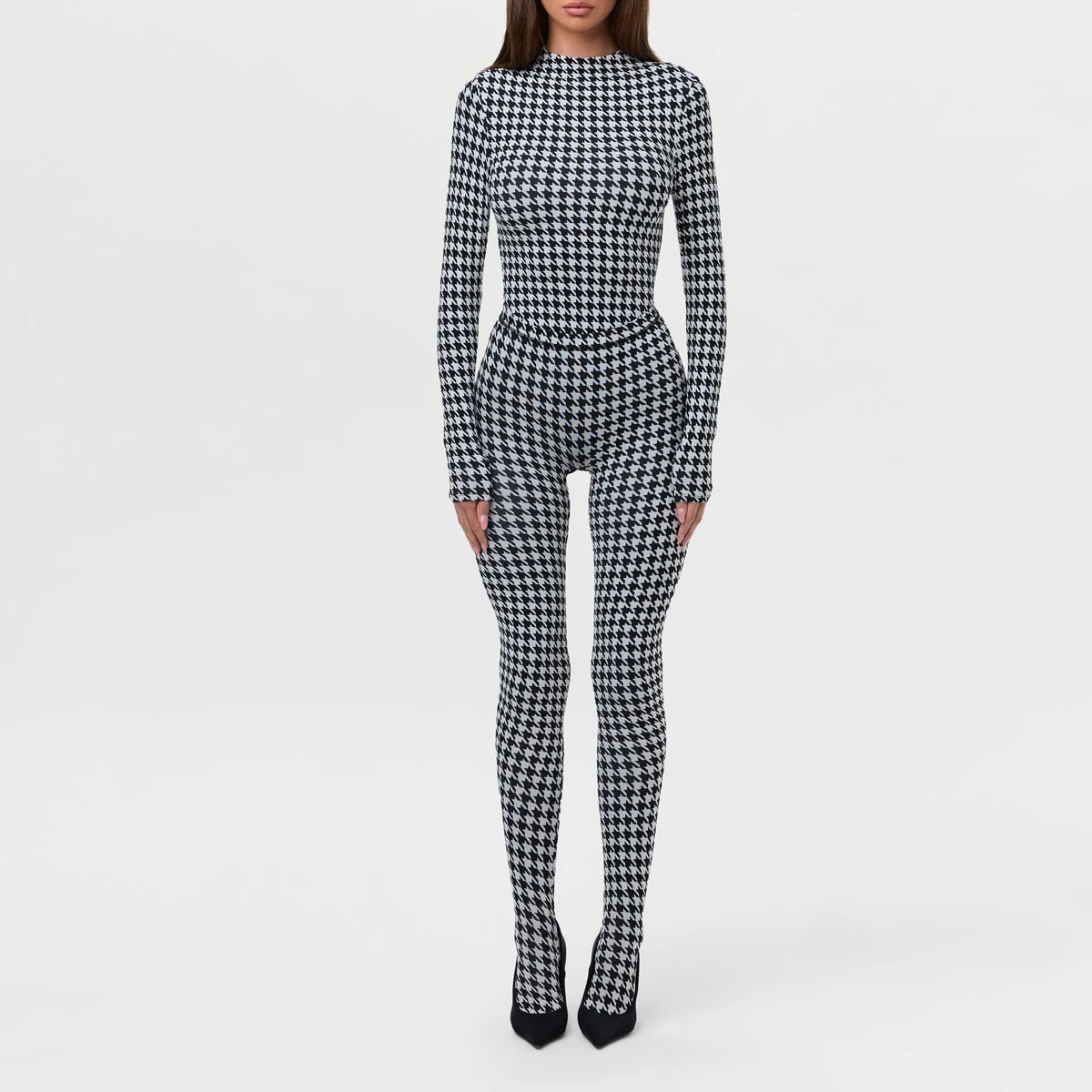 Women's Houndstooth Print High Neck Long Sleeved Top High Waist Slim Fit Jumpsuit Mid Century
