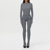 Women's Houndstooth Print High Neck Long Sleeved Top High Waist Slim Fit Jumpsuit Mid Century