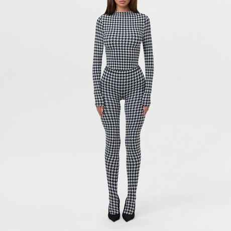 Women's Houndstooth Print High Neck Long Sleeved Top High Waist Slim Fit Jumpsuit Mid Century