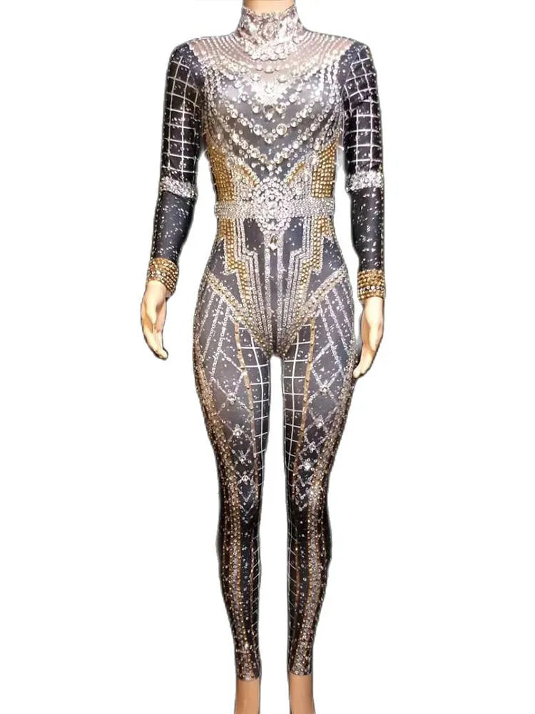Shining Bedazzled Bodycon Bodysuit Showgirl Performance Costumes
