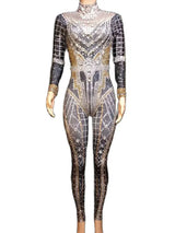 Shining Bedazzled Bodycon Bodysuit Showgirl Performance Costumes