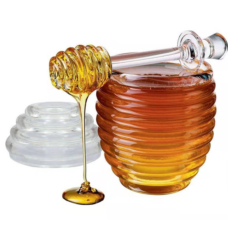 Glass Honey Bottle Honeycomb Bee Container with Dipper and Lid