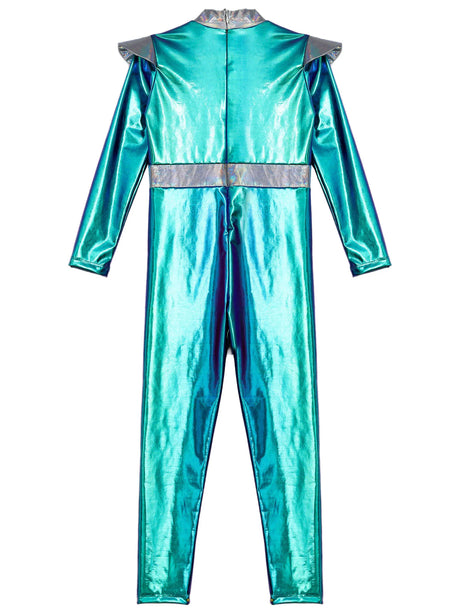 Girls Boys Alien Costume Shiny Metallic Full Body Suit Space Astronaut Robot Halloween Dress Up
