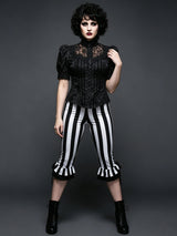 Women’s Black White Striped Capri Pants Slim Fit Bell Bottom Leggings Performance Wear Halloween Costumes