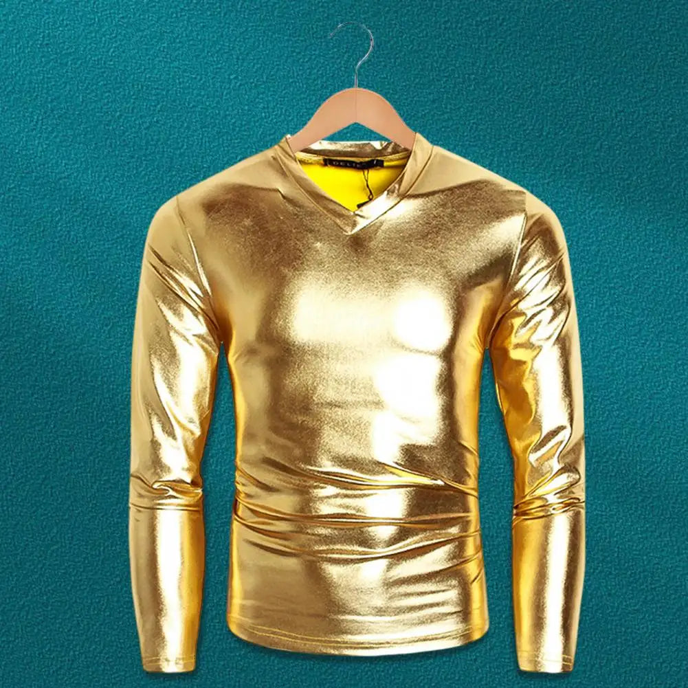 Men T-shirt Glossy Solid Long Sleeve Tops Nightclub Party Performance Wear