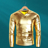 Men T-shirt Glossy Solid Long Sleeve Tops Nightclub Party Performance Wear