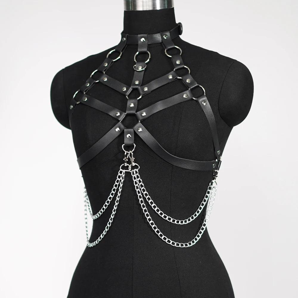 Rib Cage Harness Chest Body Harness Gothic Punk Faux Leather & Chains