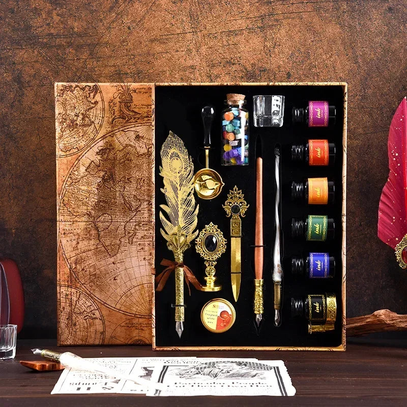 Golden Feather Quill Pens Set Dip Fountain Pens Ink Stationery Writing Gift Box Sets