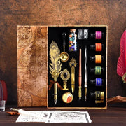 Golden Feather Quill Pens Set Dip Fountain Pens Ink Stationery Writing Gift Box Sets