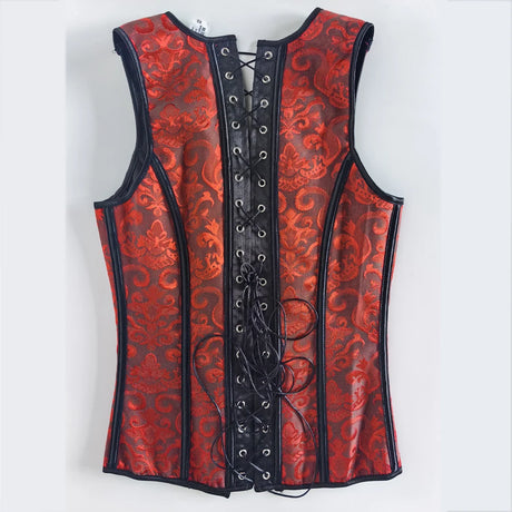 Men's Red Jacquard Boned Waistcoat Corset Vest Lace Up Burlesque Performance Stage Costume
