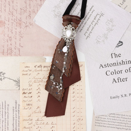 Dark Academia Jabot Plaid Short Necktie Rhinestone Brooch Pearl Chain
