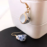 Handmade Ceramic Tea Cup Earrings Blue White Enamel Jewellery