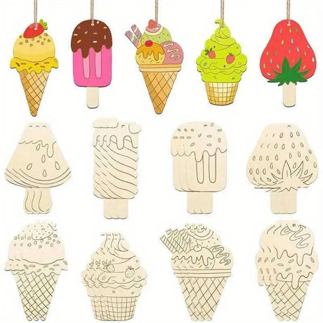 16Pcs Icecream Wooden Crafts Project Unpainted Hanging Ornaments Kids DIY Painting Gifts