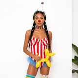 Vintage Circus Carnival Bodysuit Clown Stripes Playsuit Halloween Cosplay Costume