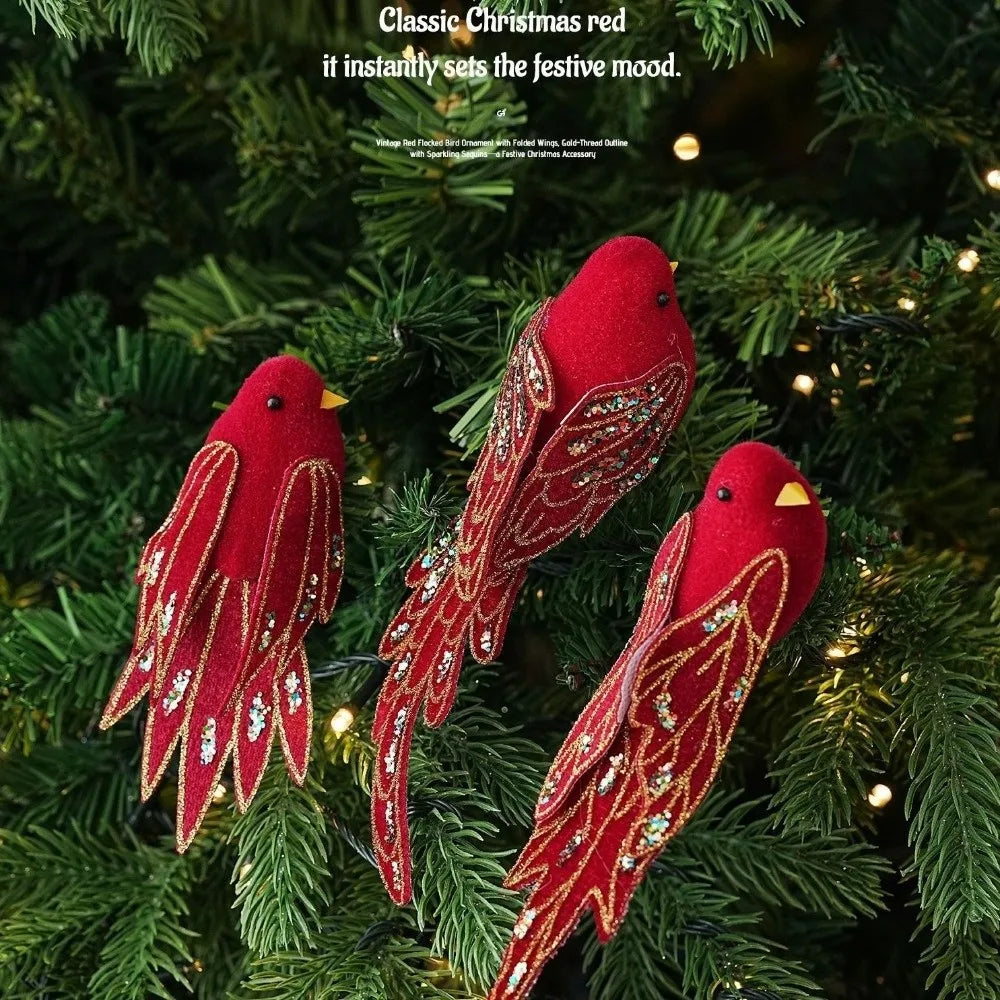 Set of Three Handmade Glitter Finish Christmas Tree Bird Decoration
