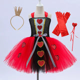 Girls Queen of Hearts Costume Kids Halloween Dress Up Tutu Dress with Crown Wonderland Red Queen