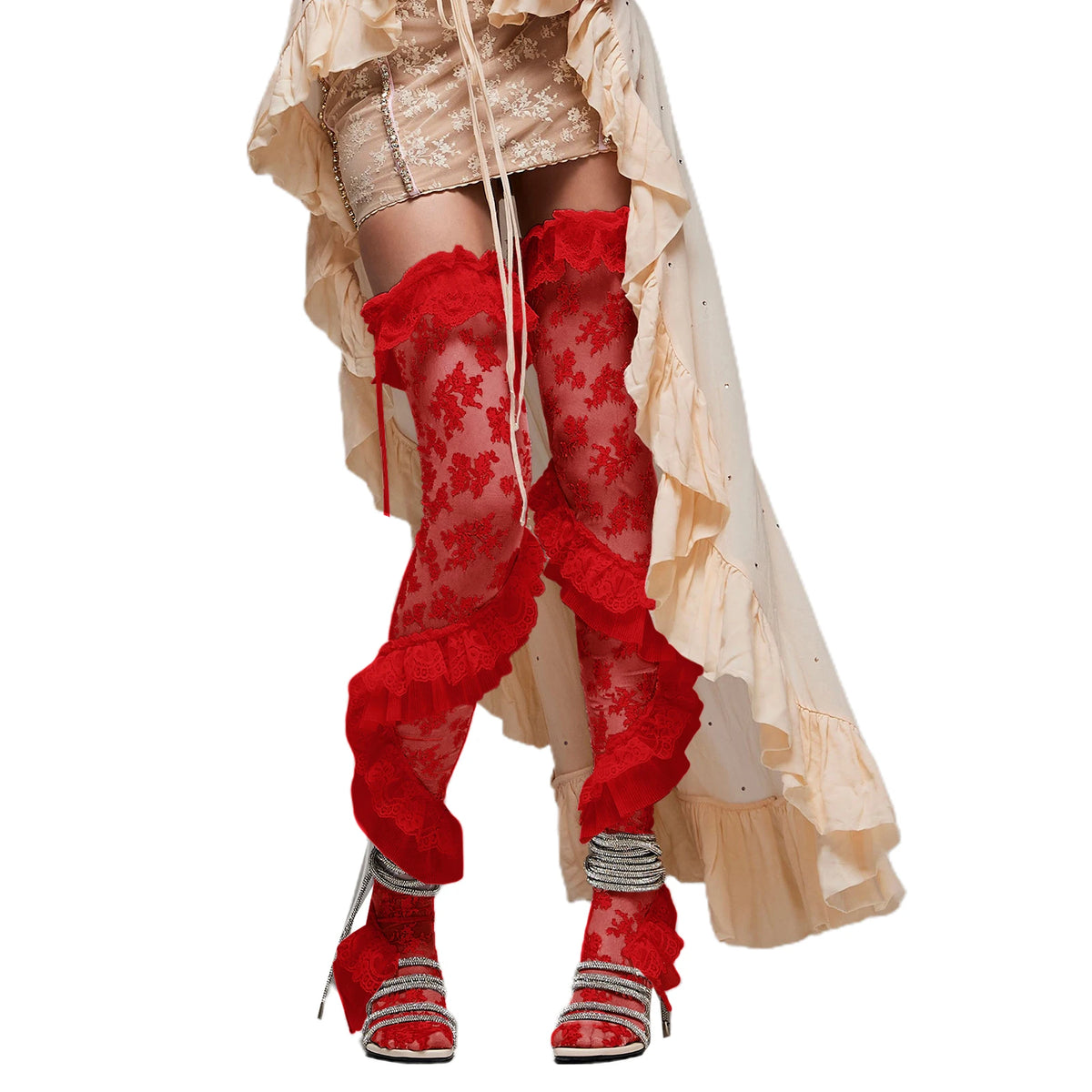 Gothic Lolita Ruffle Long Stockings Cosplay Costume Floral Lace Thigh High Socks