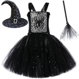 Sparkly Spider Witch Halloween Costumes Babies to Teens Tutu Dress, Hat and Broom