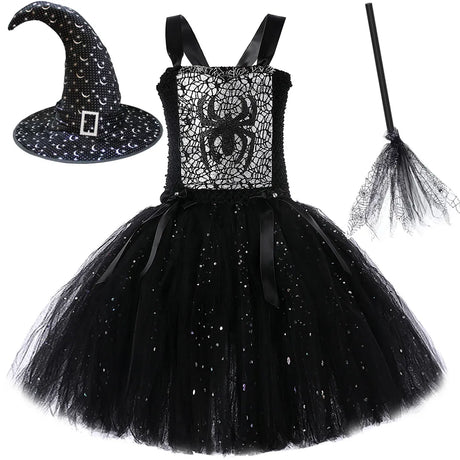 Sparkly Spider Witch Halloween Costumes Babies to Teens Tutu Dress, Hat and Broom
