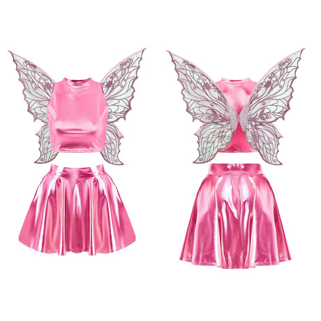 Festival Fairy Cosplay Costume Sleeveless Crop Top, High Waist Flared Skirt And Butterfly Wings Set