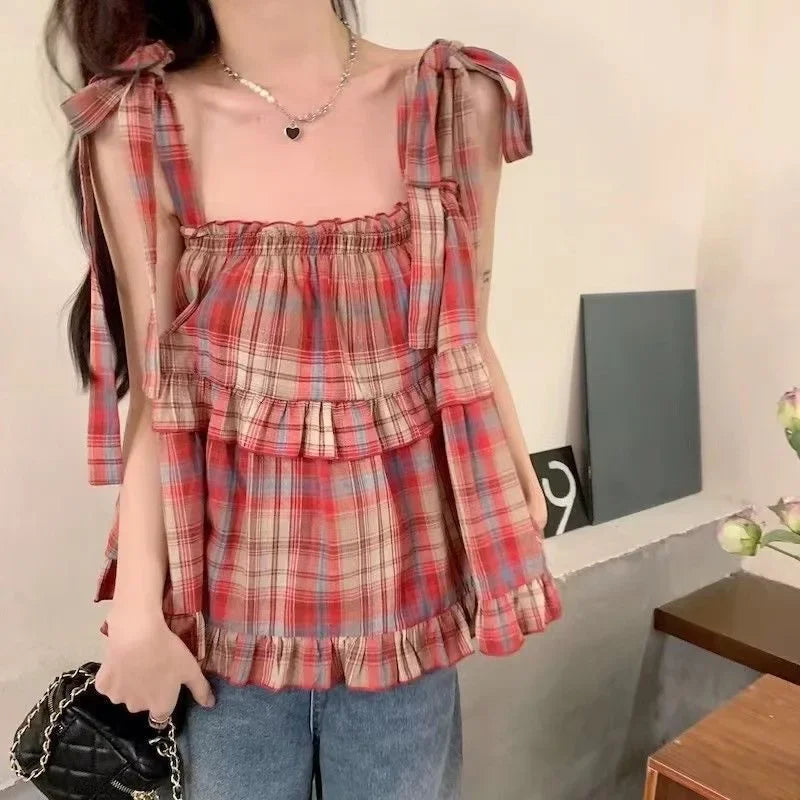Mushroom Green Plaid Ruffle Top Y2k Goblincore