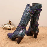 Purple Embossed Dragonfly Genuine Leather Long Boots